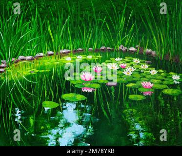 Lotus-Ölgemälde auf Leinwand. Stockfoto