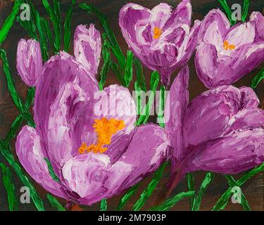 Frühlingslila Krokusblüten Feldölgemälde Stockfoto