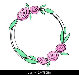 Runder Vektorrahmen mit Rosen und Pfingstrosen, handgezeichnet in Aquarellfarbe. Stock Vektor