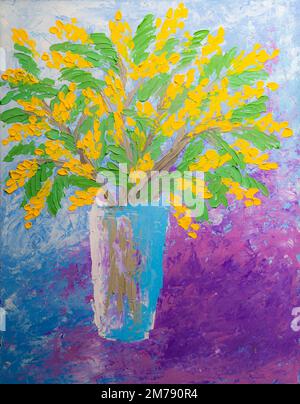 Mimosastrauß, Ölgemälde. Stockfoto