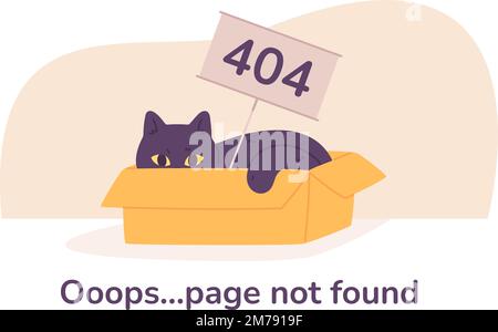 CAT-Fehlerseite. Schlafendes Kätzchen in Schachtel mit 404 Zeichen, leere Seiten nicht gefunden, Computer Internetprobleme verloren Fehler Website, Cartoon-Dickkopfelkätzchen auf weißem Raum Vektordarstellung der Seite Internetproblem Stock Vektor