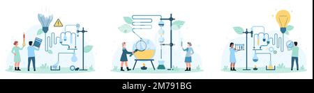 Chemie, Labor-Forschungsset-Vektordarstellung. Cartoon Tiny Menschen arbeiten mit wissenschaftlichen Geräten, Labor-Reagenzien und chemischen Reagenzien für Analysen, wissenschaftliche Experimente und Reaktionsanalysen Stock Vektor