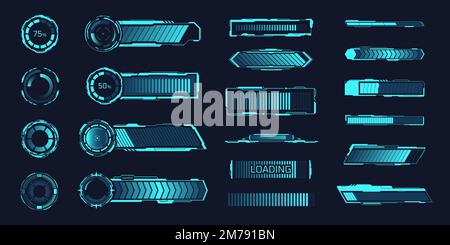 HUD-Lader. Ladebalken Geschwindigkeits-Fortschrittselemente, radiale Zeitachsenphasen, leuchtende Diagramme Tech-Download abgeschlossen, Neon Fortschrittsbalken Sci-Fi-Status laden, ui-Vektordarstellung der Fortschrittsanzeige Stock Vektor
