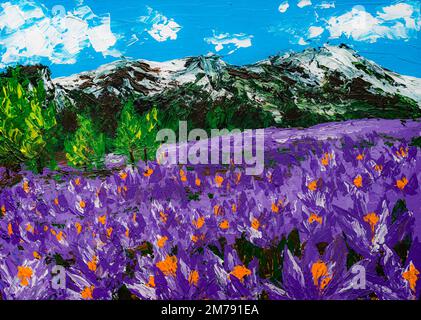 Crocus-Blumenfeld im Schweizer Gebirge, Acrylmalerei Stockfoto