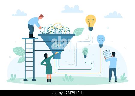 Problemlösung, Vektordarstellung für Ideenmanagement. Cartoon winzige Menschen lösen schwierige Aufgaben, Prozess der Arbeit mit Trichter, um hartes, unordentliches Kabelgewirr in mehrere einfache Drähte mit Glühbirnen zu lösen Stock Vektor