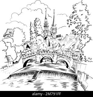 Vektorskizze aus Schwarz und Weiß der Altstadt von Nürnberg mit Max Brücke und St. Laurence Kirche, Bayern, Deutschland Stock Vektor