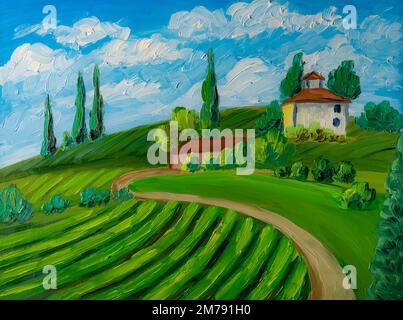 Toskana Weinberge Miniatur Ölgemälde. Stockfoto