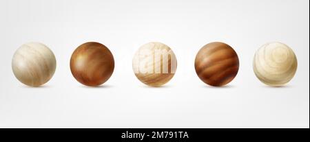 Realistische Holzkugeln. 3D Proben Holzkugel, braune Kugel Vielfalt Holzmodell Makrokreise raue Textur, Holzspielzeug glänzende Kugeln Clipart, ordentliche Vektordarstellung glatter Form Stock Vektor