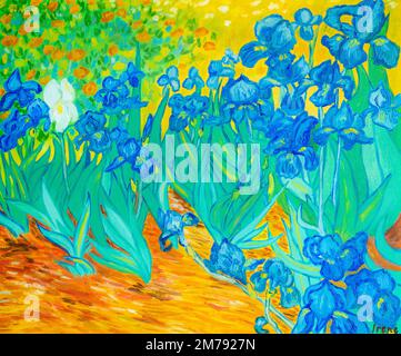 Blaue Iris im Garten, Blumenlandschaft Ölgemälde. Stockfoto
