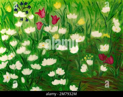 Frühlingsgartenblumen, Ölgemälde auf Leinwand. Stockfoto