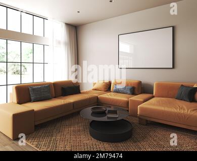 Moderne helle Pastelltöne mit heller orangefarbener Couch und skandinavischem braunen Teppich. Großes Fenster. Modellrahmen beige Wand. 3D-Rendern. Hoch Stockfoto