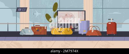 Flaches Flughafenförderband mit Passagiergepäck. Gepäckausgabebereich mit Röntgenscannern zur Sicherheitskontrolle und Gepäckinspektion. Kontrollkontrolle, Checkout-Koffer und Reisekoffer im Terminal Stock Vektor
