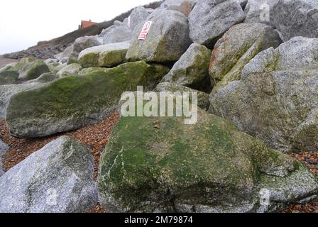 Hochwasserschutz, Rock Revetment und Wire Gabion Baskets. Grünalgen und Kiesel auf Felsen mit Schild, dass nicht geklettert werden darf, Thorpeness 31. Dezember 2022. Stockfoto