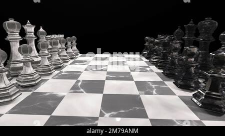 Schachspiel. Schachfiguren auf einem Schachbrett. Konzept der ersten Bewegung. Stockfoto