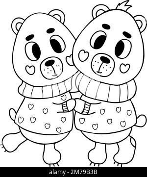 Kombinieren Sie süße, verliebt umarmende Bären in romantischen Pullover. Vektorgrafik im Kritzelstil. Lustige niedliche Tierfiguren. Umrisszeichnung Stock Vektor