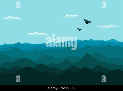 Berge und fliegende Vögel. Vektordarstellung Stock Vektor