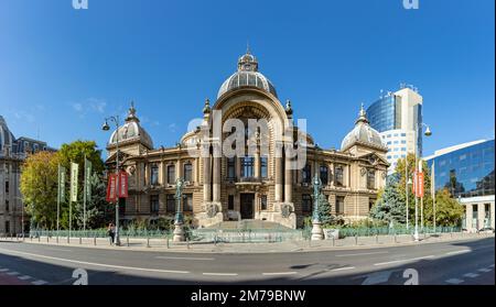 Ein Bild des Palastes der Lagerstätten und Sendungen oder des CEC-Palastes in Bukarest. Stockfoto