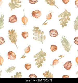 Wasserfarbenes, nahtloses Muster mit Nüssen und Blättern, Hunderose, Walnüssen. Handgezeichnet mit gelbem, hellgrünem und orangefarbenem Hintergrund. Herbstmuster. Stockfoto
