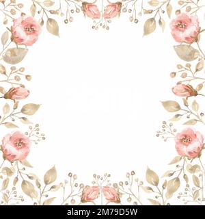 Hochzeitseinladung, Einladungskarte mit Blumenmuster Design: Pfirsichrosa Gartenrosen und Pfingstrosen, hellgrüne Blätter. Handgezeichneter, empfindlicher Rahmen mit Kopierbereich. Stockfoto