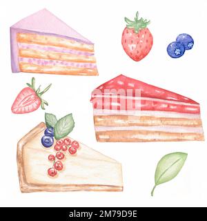 Handgemalte Aquarell-Dessertset: Käsekuchen, Kuchenscheiben mit Schlagsahne und Erdbeere, Brombeeren und Minzeblätter. Stockfoto