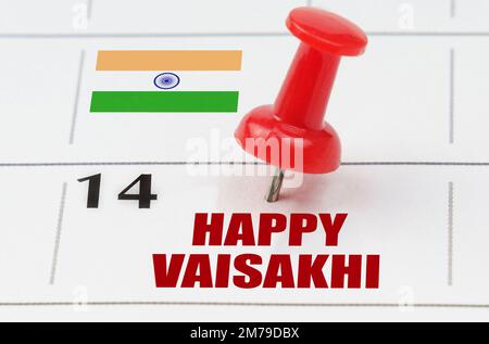 Nationale Feiertage. Im Kalender-Raster Datum und Name des Feiertags - Indien - Happy Vaisakhi Stockfoto