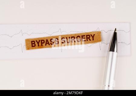 Medizinisches Konzept. Auf dem EKG liegt ein Stift und zerrissenes Papier mit dem Text "Bypass Surgery" Stockfoto