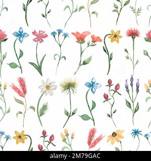 Wasserfarbenes Sommerblumen nahtloses Muster, zartes Blumenmuster, Papier mit Frühlingsblumen. Gartenmotiv mit Retro-Blumen. Wiesenkräuter. Stockfoto