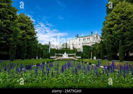 Blick vom Volksgarten in Wien, Blumenbeete, Naturkundemuseum, Rathaus und Burgtheater Stockfoto