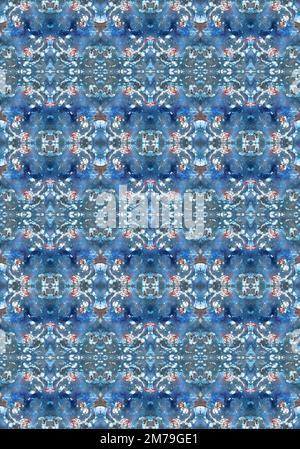 Aquarell handgezeichnete blaue orientalische Kachel, Majolica, Marrakesch Mosaik Clip Art, ethischer Druck, marokkanisches Ziermuster, nahtloses Aquarell oder Namen Stockfoto