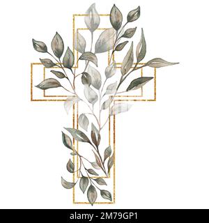 Aquarell handgemalte Kreuzblumen-Clipart, Ostern religiöse Grünbilder, Baptismus-Kreuz-Clip, Heiliger Geist-Clipart, goldener Rahmen Stockfoto