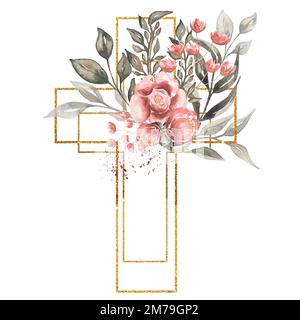 Aquarell handgemalte Kreuzblumen-Clipart, Ostern religiöse Grünbilder, Baptismus-Kreuz-Clip, Heiliger Geist-Clipart, goldener Rahmen Stockfoto