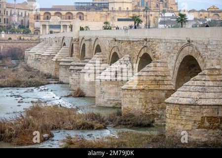 Die römische Brücke von Cordoba, die den Fluss Guadalquivir in Andalusien, Spanien, überquert Stockfoto