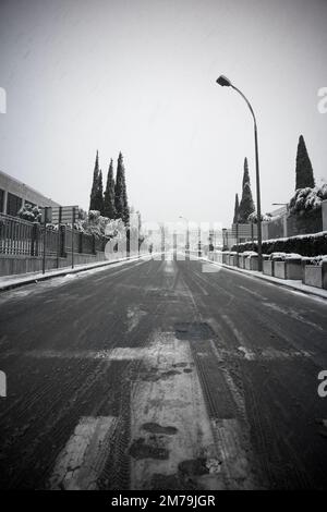 Ein vertikales Schwarz-Weiß-Bild einer langen, verschneiten Straße, die im Winter von Bäumen umgeben ist Stockfoto