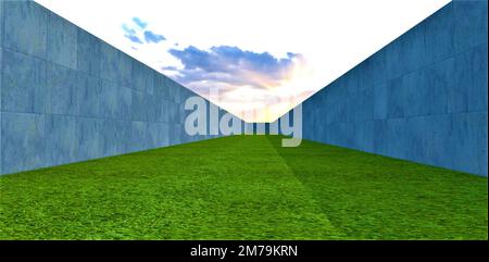 Der Raum zwischen den Betonwänden auf dem grünen Gras unter dem Himmel wird von der untergehenden Sonne beleuchtet. 3D-Rendering. Stockfoto