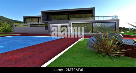 Wunderbares Landgut mit einem gepflegten angrenzenden Gebiet. Fußgängerwege aus getönten Ziegelsteinen. Grüner Rasen und Landschaftsgestaltung. 3D-Rendering Stockfoto