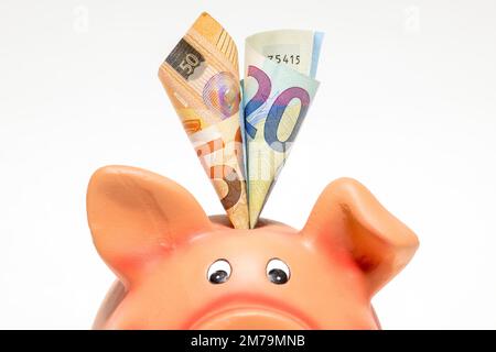 Pinkfarbenes Sparschwein mit Euro-Scheinen, 50 Euro, 20 Euro, Detail, Studiofotografie Stockfoto