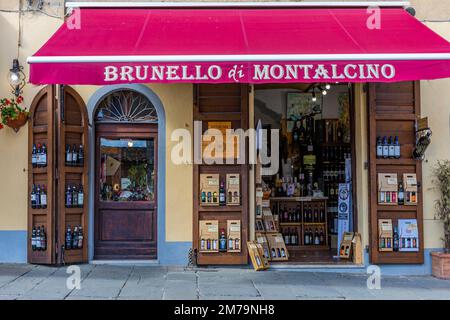 Wein Shop in Montalcino, Toskana, Italien Stockfoto