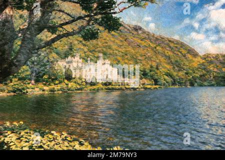Digitales Aquarellbild von Kylemore Abbey in Connemara Mountains, Irland, Europa Stockfoto