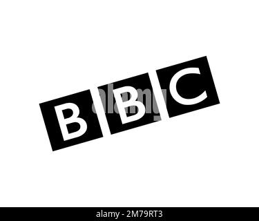 BBC, gedrehtes Logo, weißer Hintergrund Stockfoto