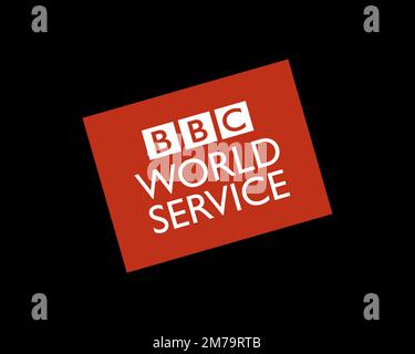 BBC World Service, gedrehtes Logo, schwarzer Hintergrund Stockfoto