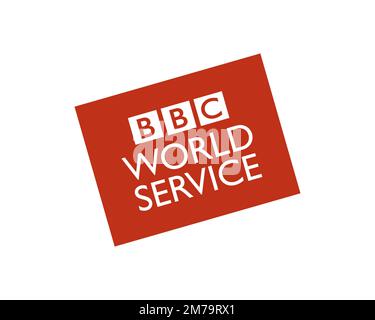 BBC World Service, gedrehtes Logo, weißer Hintergrund Stockfoto