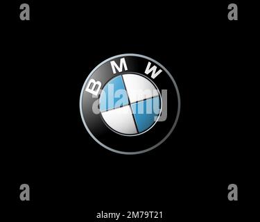 BMW Motorrad, gedrehtes Logo, schwarzer Hintergrund Stockfoto