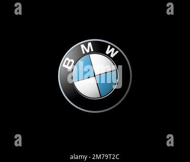 BMW in den USA, gedrehtes Logo, schwarzer Hintergrund Stockfoto