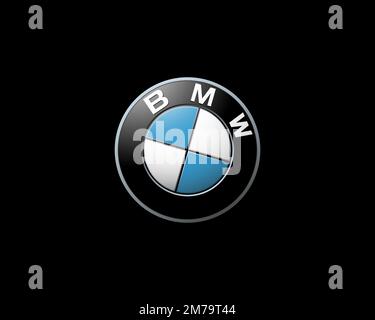 BMW in den USA, gedrehtes Logo, schwarzer Hintergrund B Stockfoto