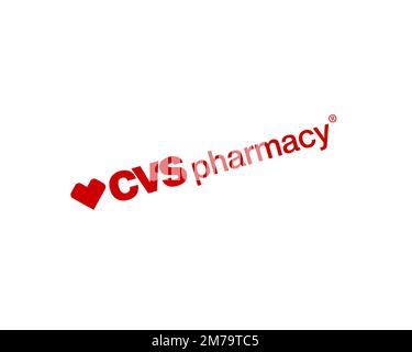 CVS Pharmacy, gedrehtes Logo, weißer Hintergrund Stockfoto