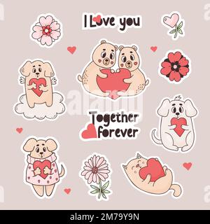 Aufkleber, romantische Tiere. Süße Paarbären, Hunde und Katzen mit Herz, Blumen und Love-Slogan. Vektorgrafik im farbigen Doodle-Stil. Isoliert Stock Vektor