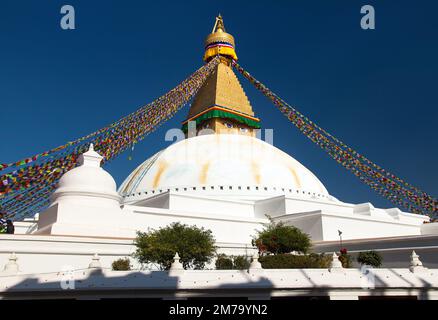 Boudha, Bodhnath oder Boudhanath Stupa mit Gebetsfahnen, der größte buddhistische Stupa in Kathmandu, buddhismus in Nepal Stockfoto