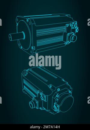 Stilisierte Vektordarstellung des isometrischen Blueprint des DC-Servomotors Stock Vektor