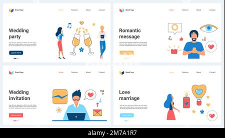 Online-Einladung zur Hochzeitsfeier, romantische Dating-Service-Vektordarstellung. Zeichentrickfilme winzige Menschen senden und empfangen Chatnachrichten in sozialen Medien, organisieren Liebesspiele, Hochzeitsfeiern Stock Vektor