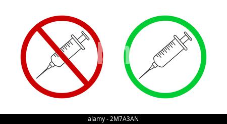 Impfzeichen erlaubt und verboten. Stoppt Drogen oder keine Drogen-Symbole. Spritze in rot verbotenen und grün zugelassenen Schildern isoliert auf weißem Hintergrund. Flache Vektordarstellung Stock Vektor